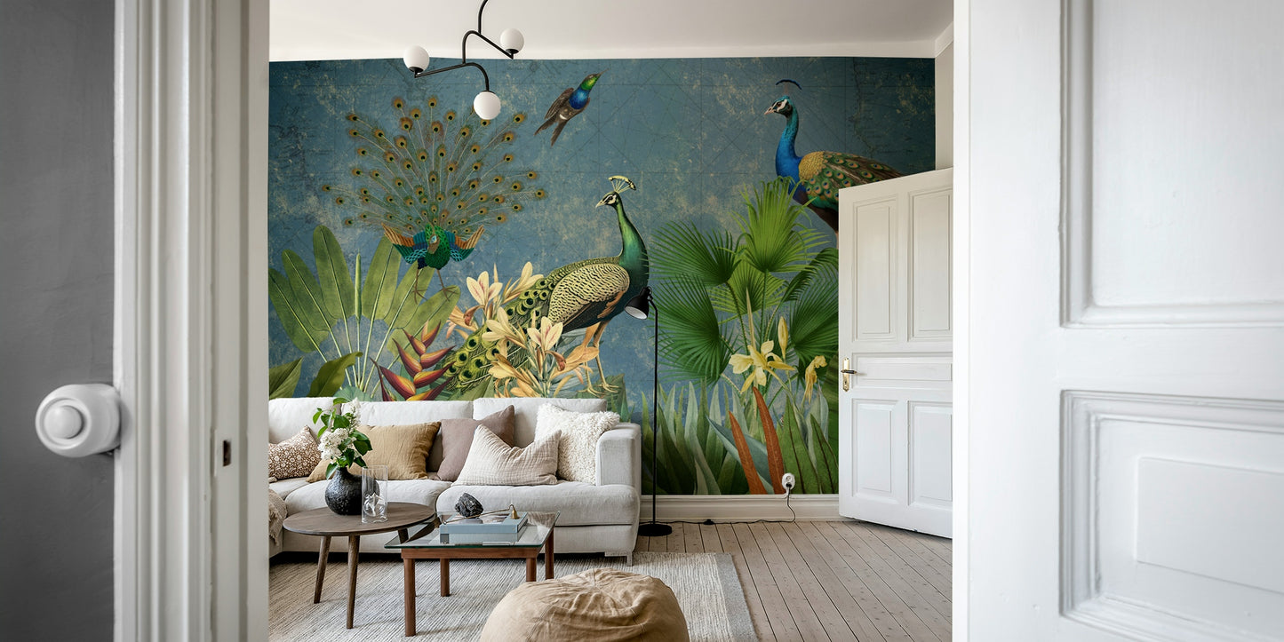 Vintage peacock mural for a unique and luxurious home design.

