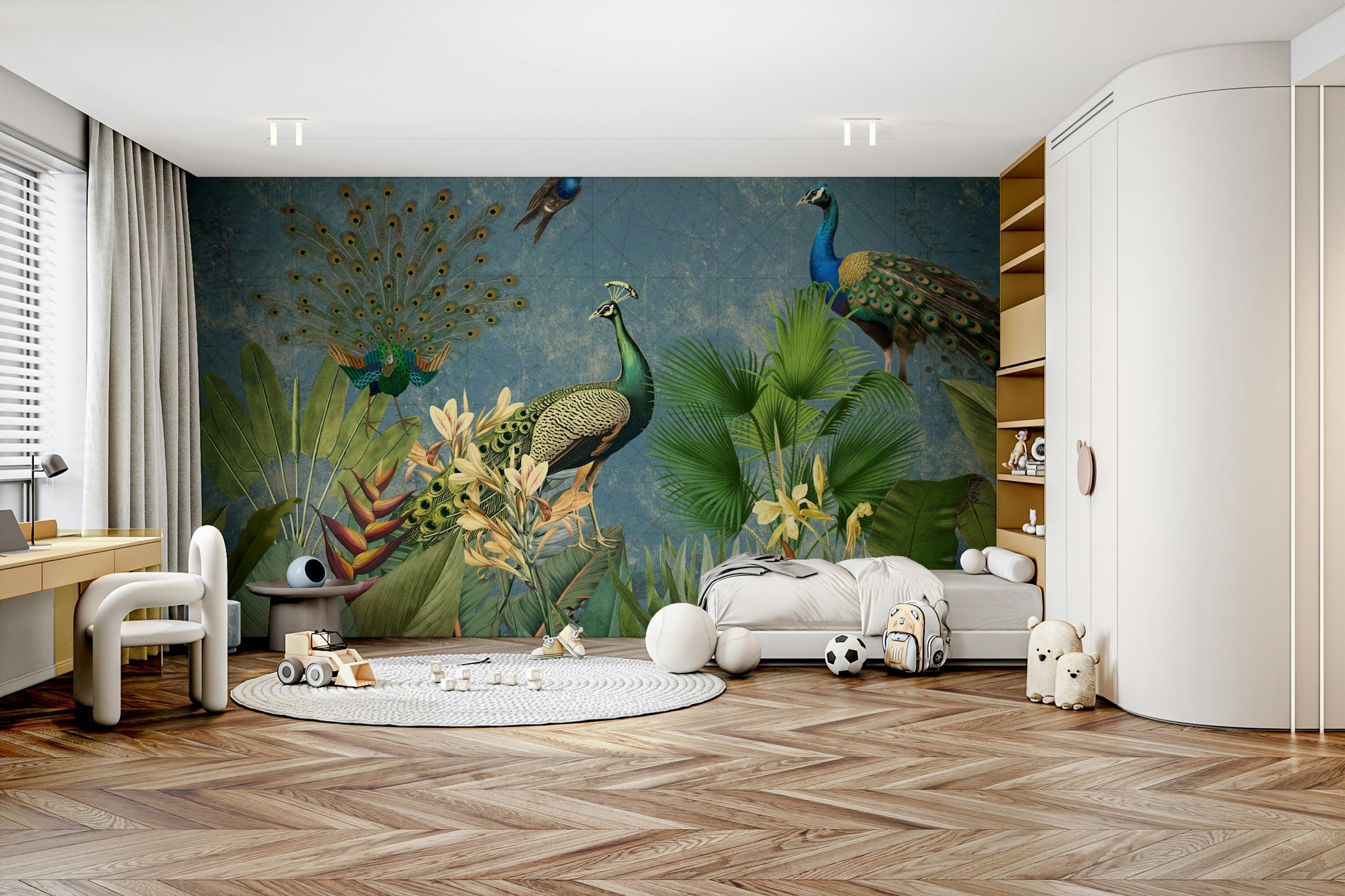 Elegant vintage peacock wall mural with rich colors and details.

