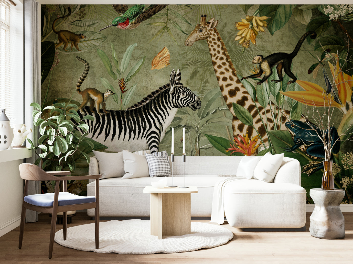 Detailed jungle wildlife vintage mural for adventurous spaces.


