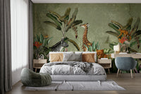 Jungle animals illustrated in a vintage wall mural style.

