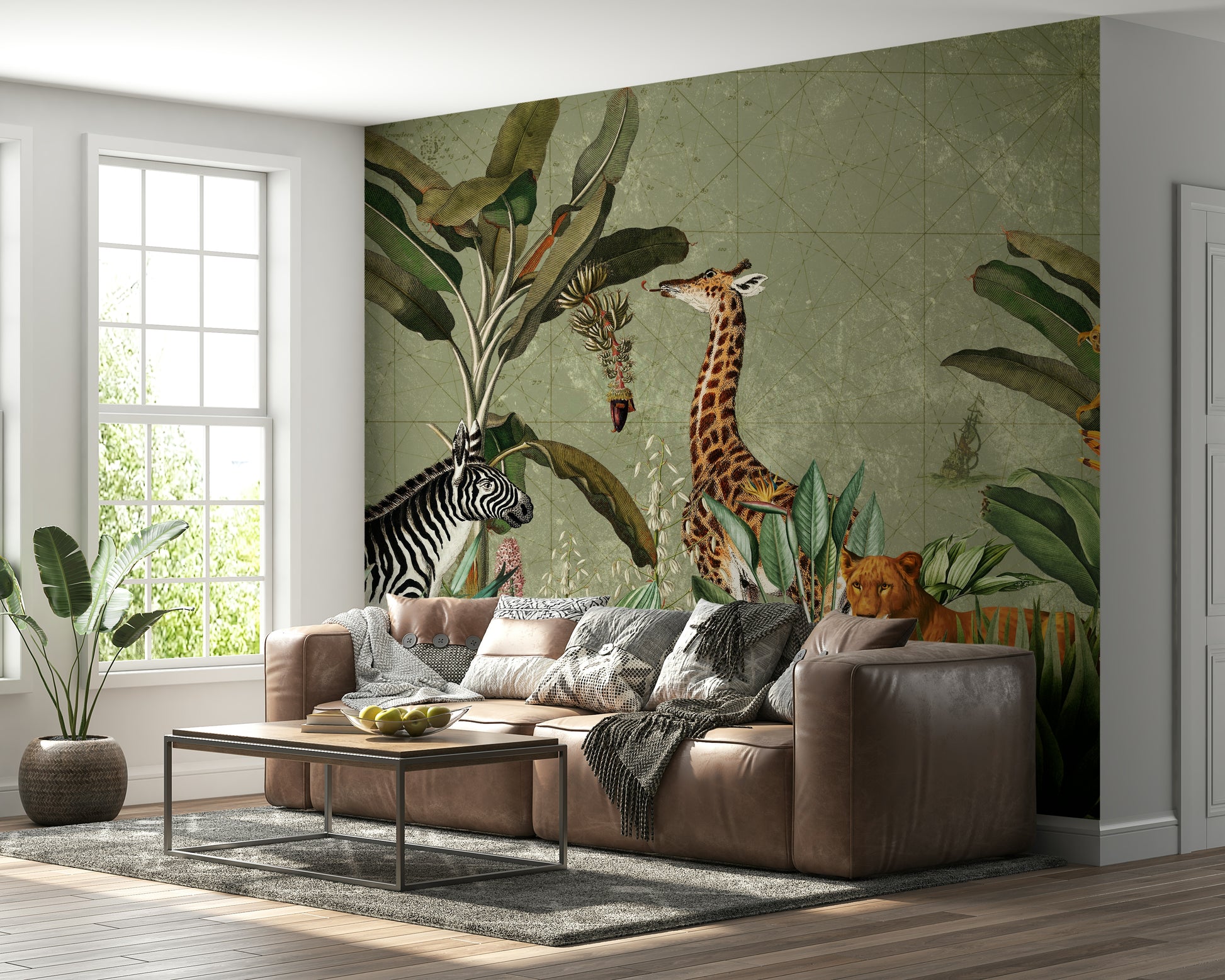 Wall mural featuring exotic animals in a safari setting.

