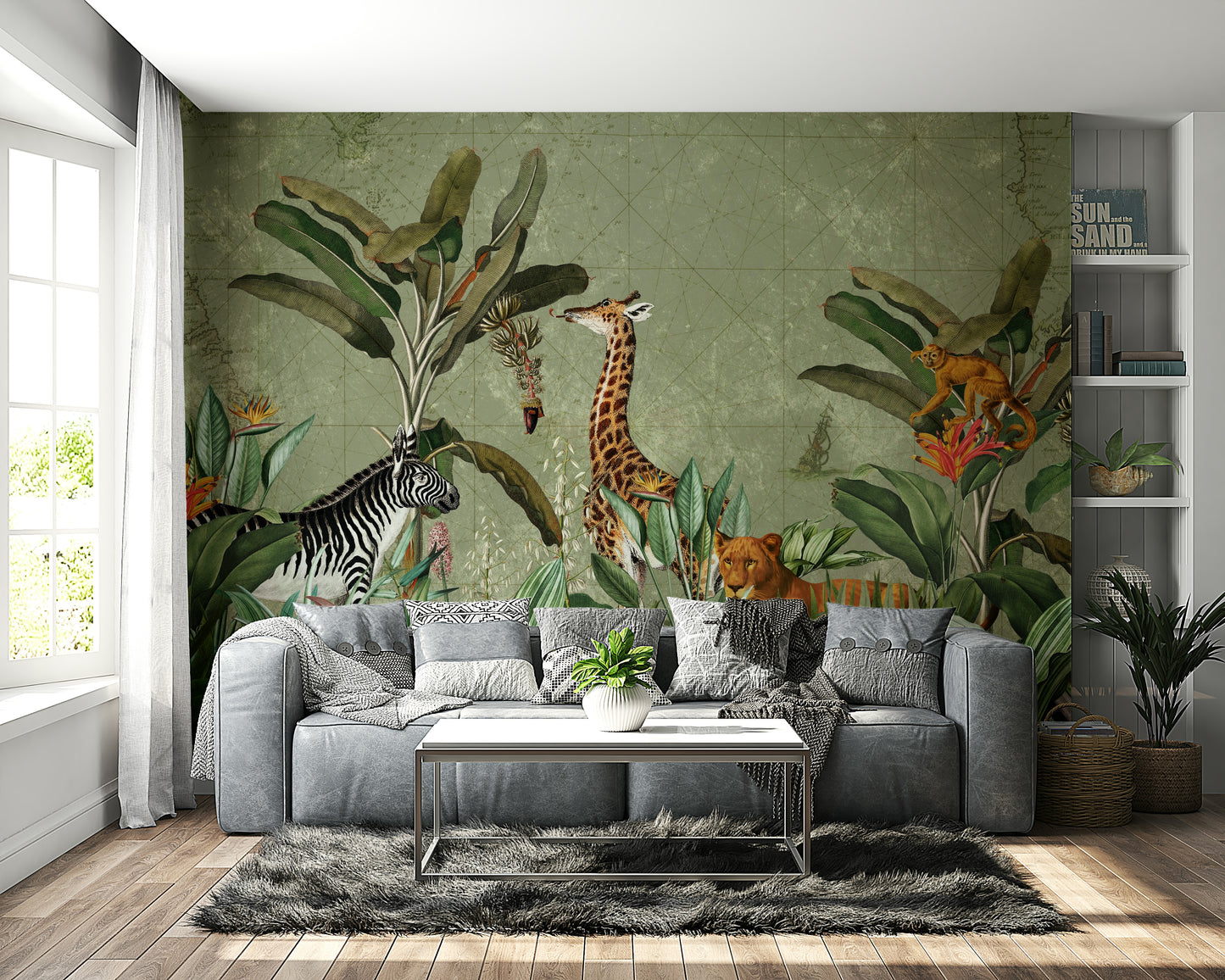Bold safari wall mural with wildlife for a unique interior look.

