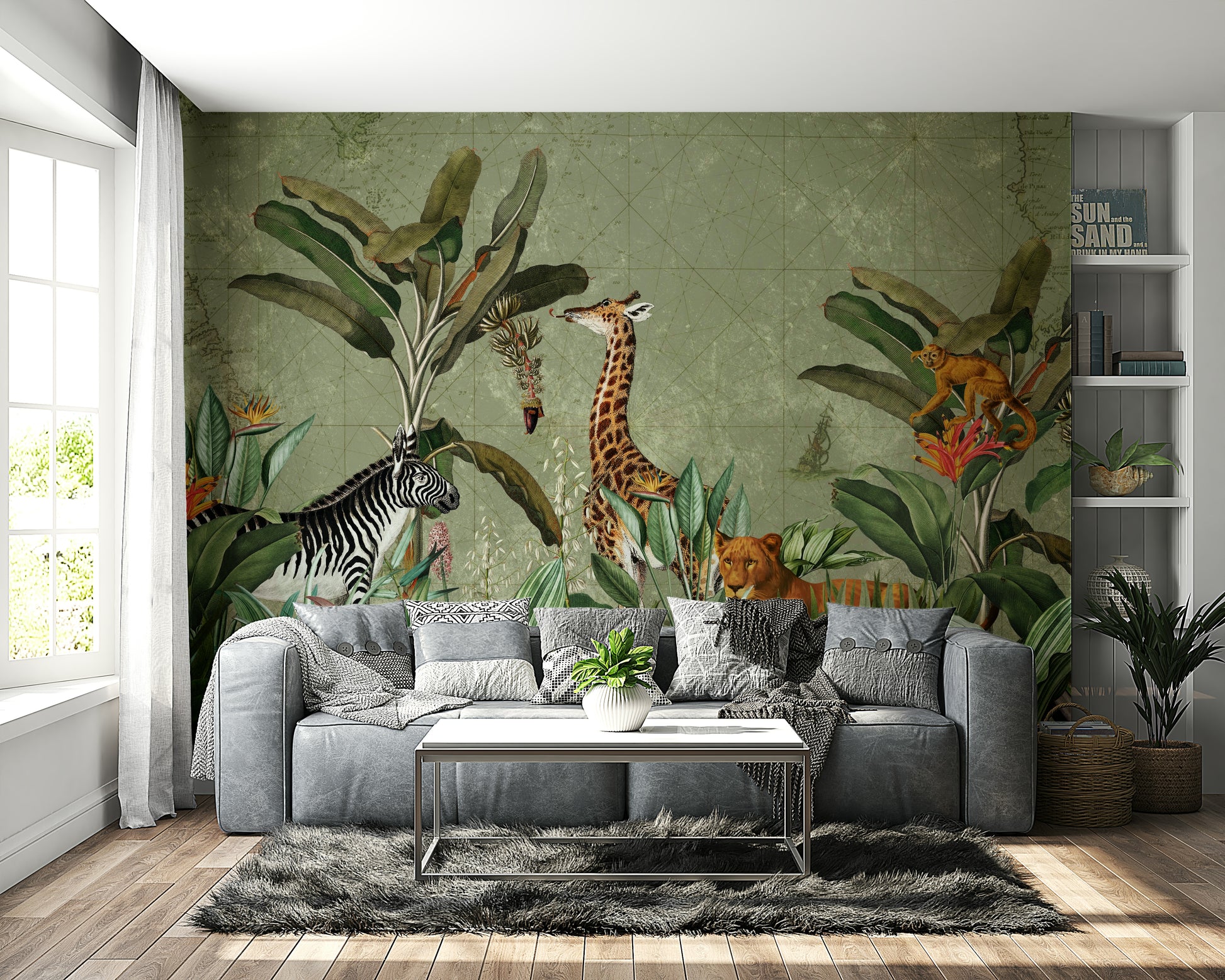 Bold safari wall mural with wildlife for a unique interior look.

