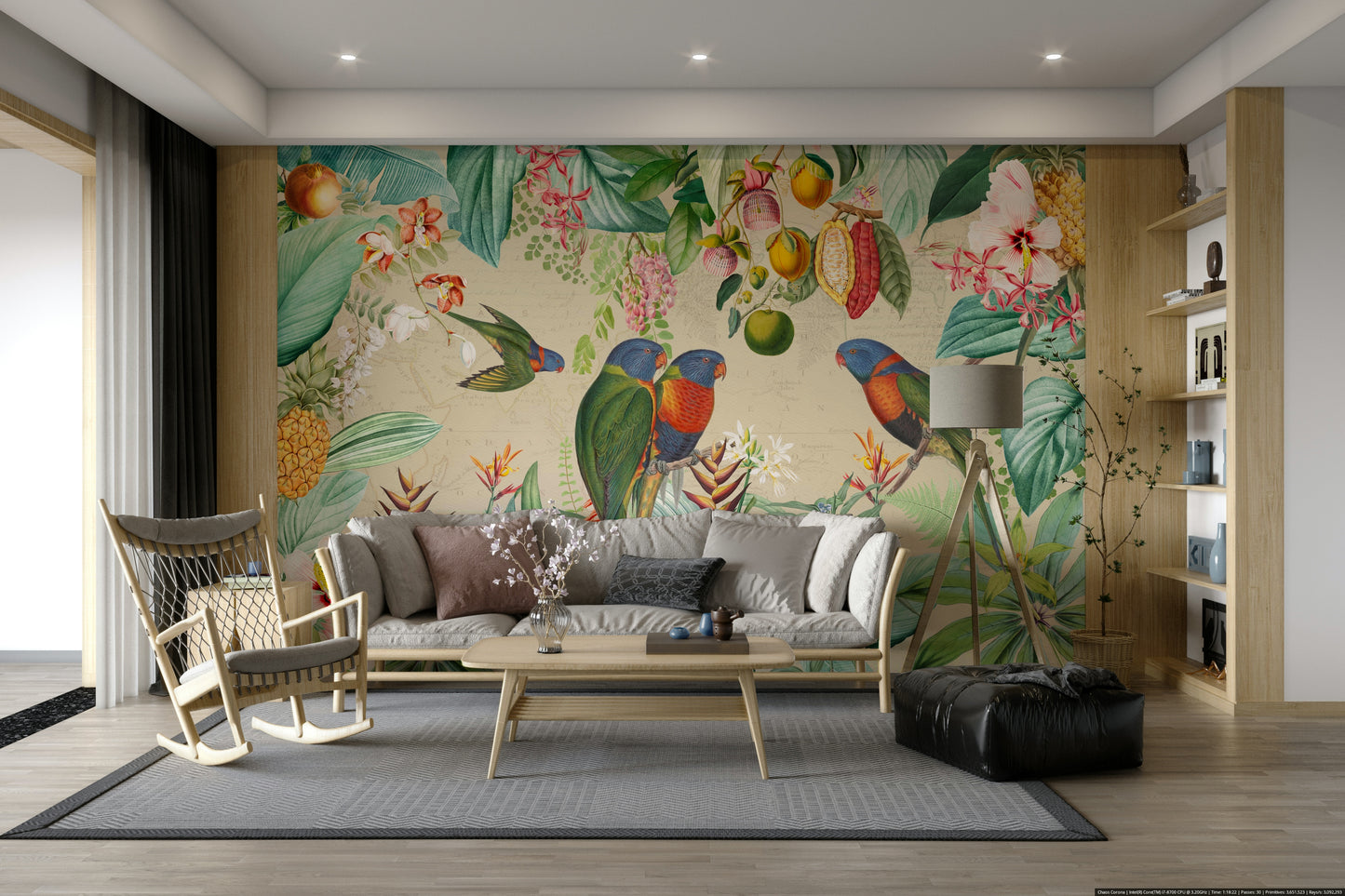 Nature-inspired vintage tropical mural for a serene interior

