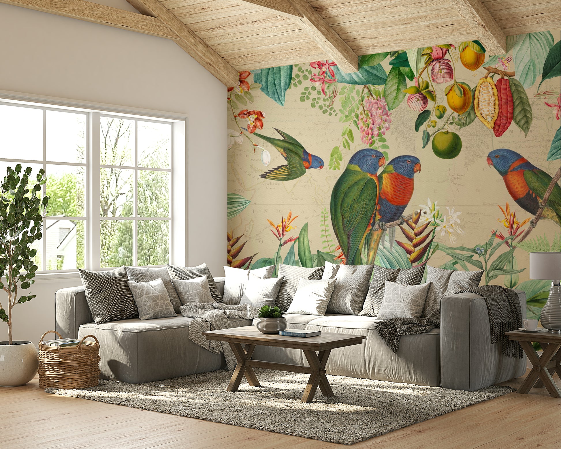 Wildlife and vibrant tropical plants in Vintage Tropical Expedition mural

