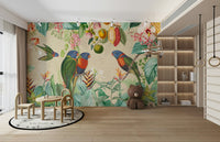 Exotic floral and wildlife mural in vintage tropical design

