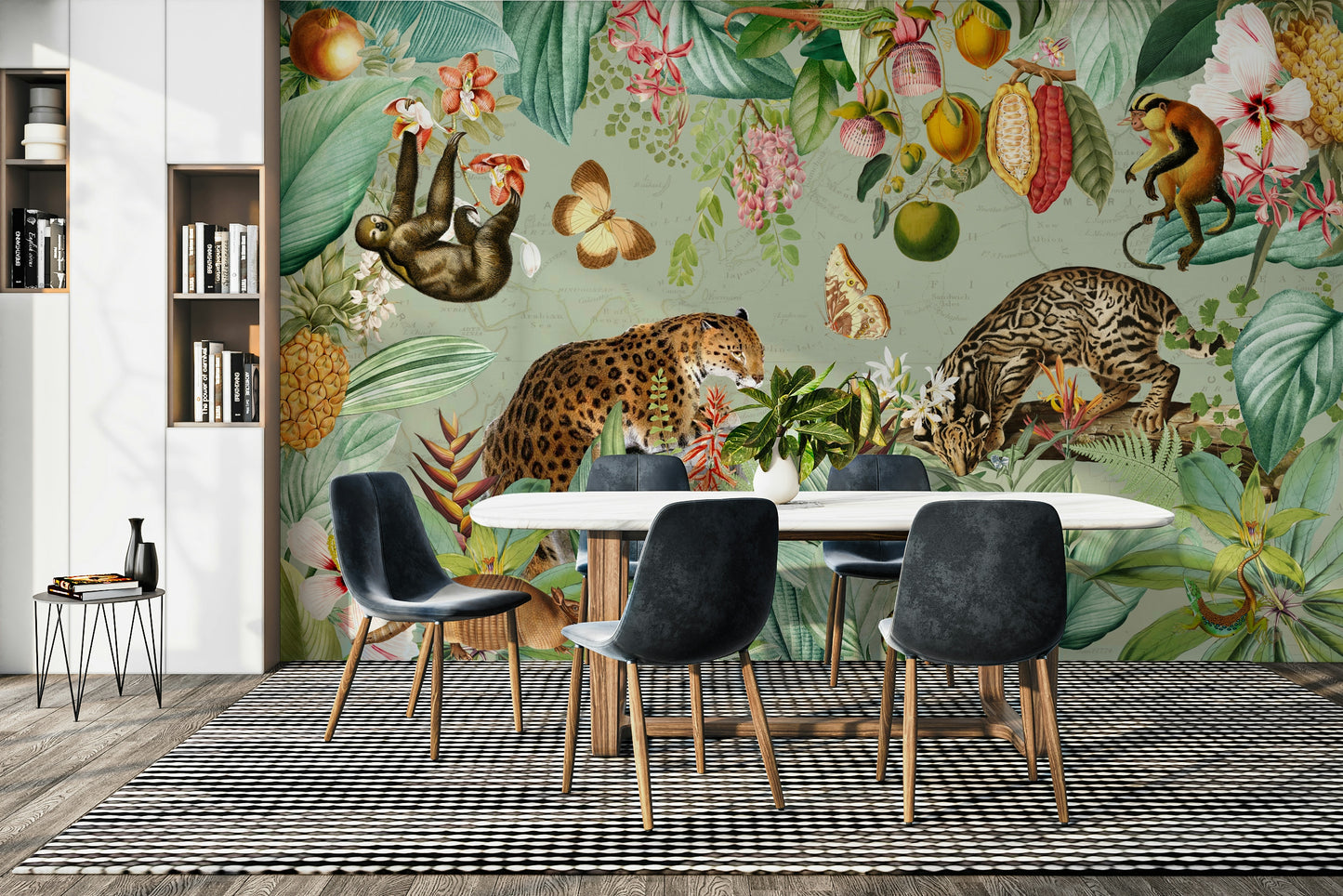 Vintage-inspired mural featuring tropical plants and flowers

