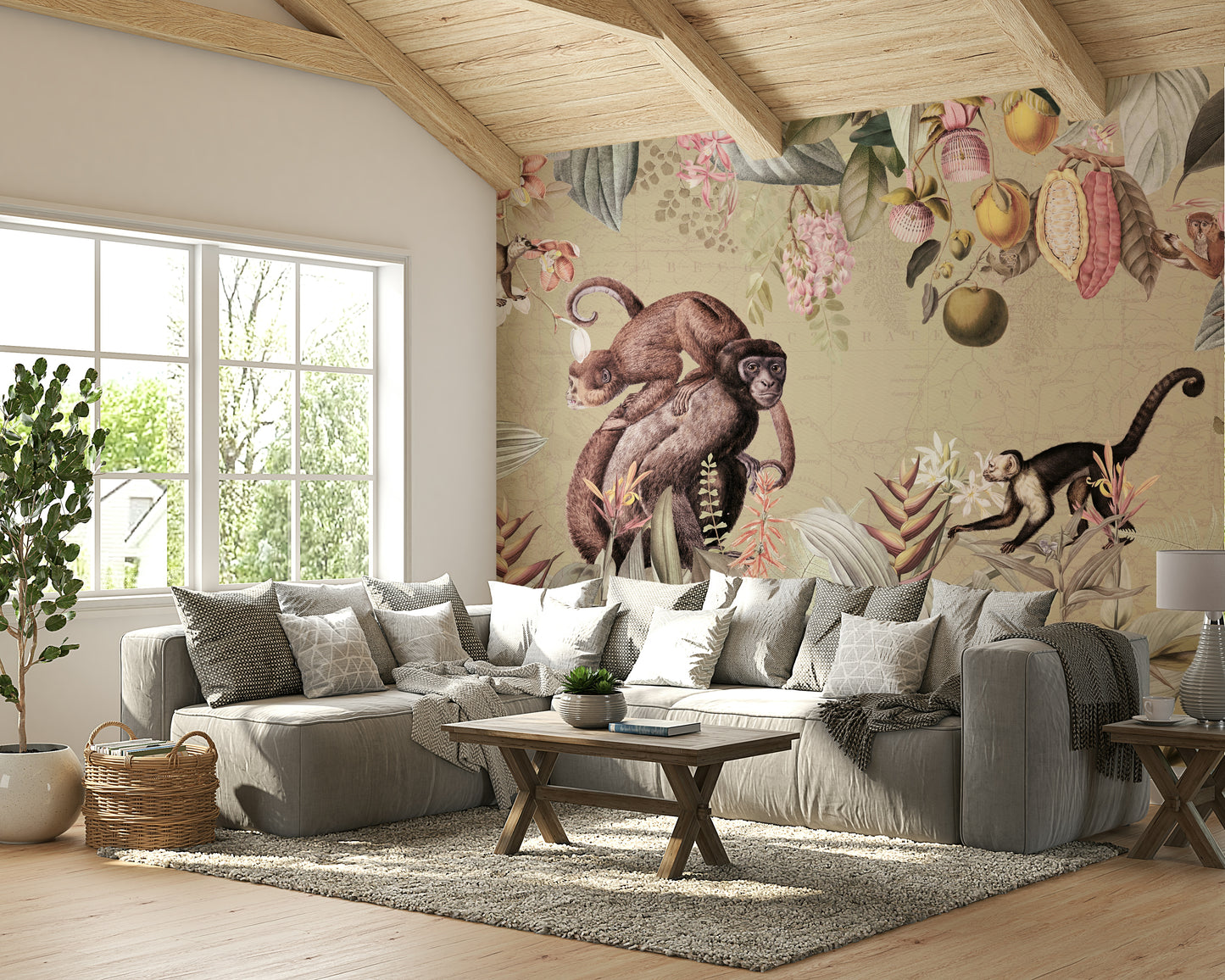 Vintage-inspired mural featuring botanical flowers and plants

