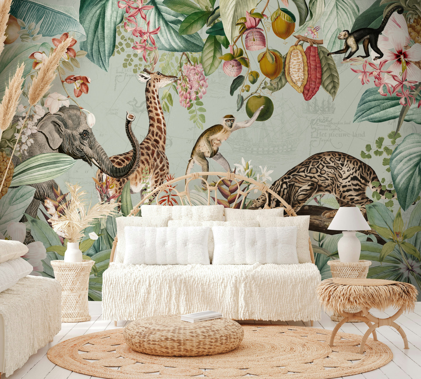 Vintage tropical wallpaper mural with rich flora and fauna

