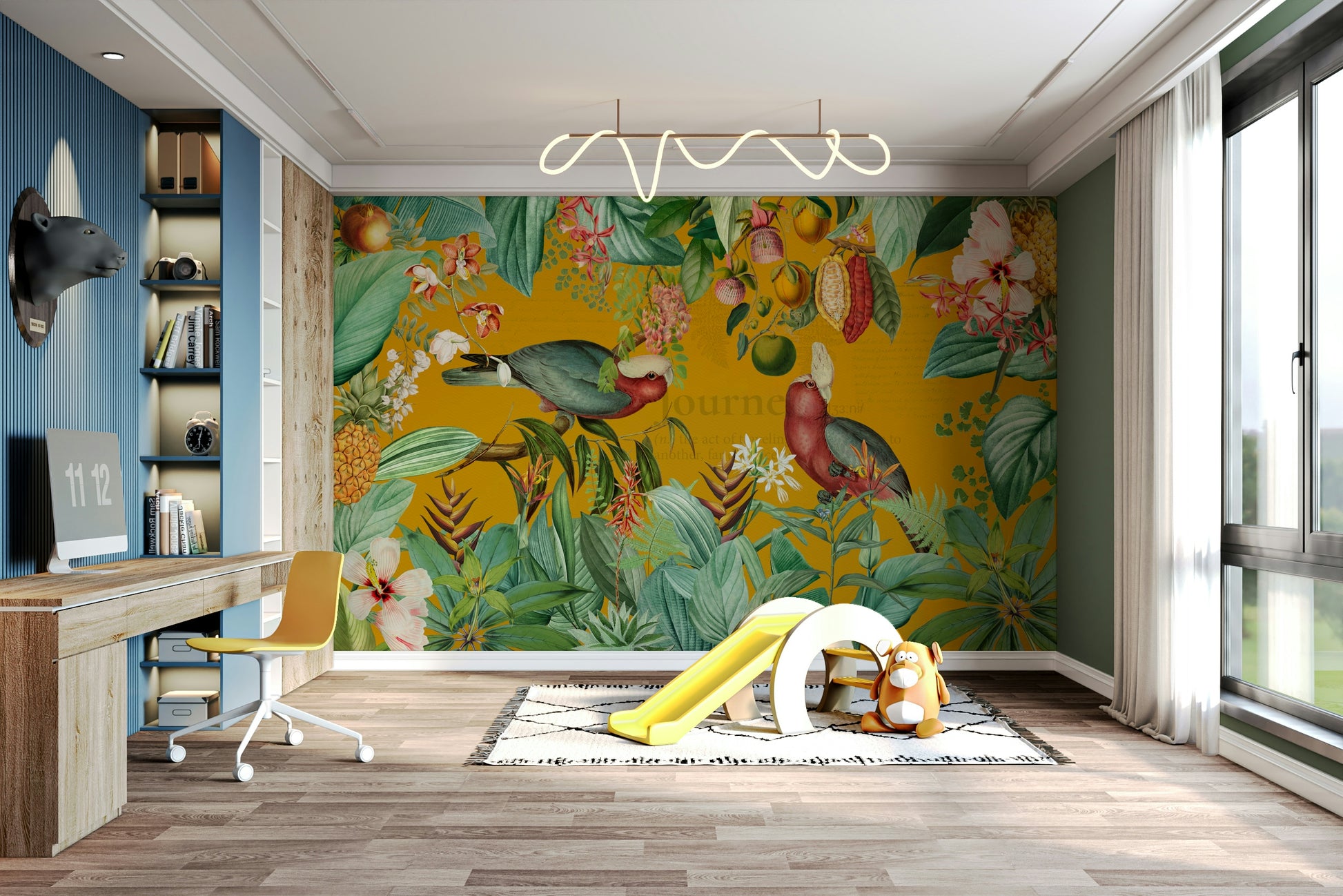 Vintage tropical mural showcasing vibrant greenery and blooms

