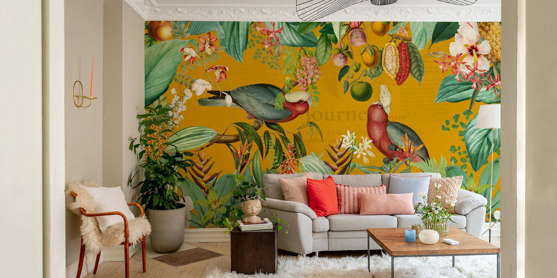 Wall mural with vintage tropical journey design and vibrant colors

