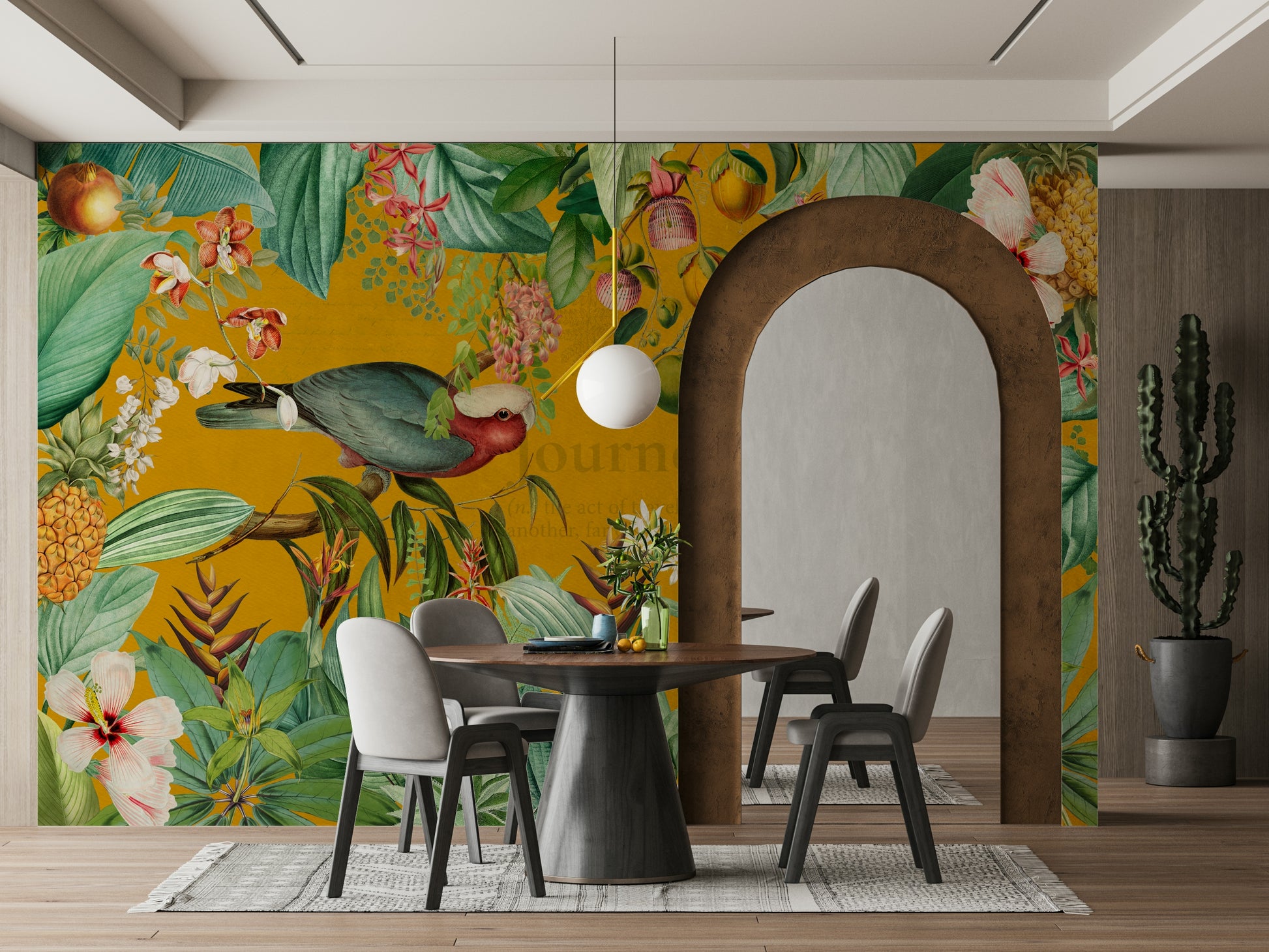 Vintage-inspired mural featuring tropical plants and flowers

