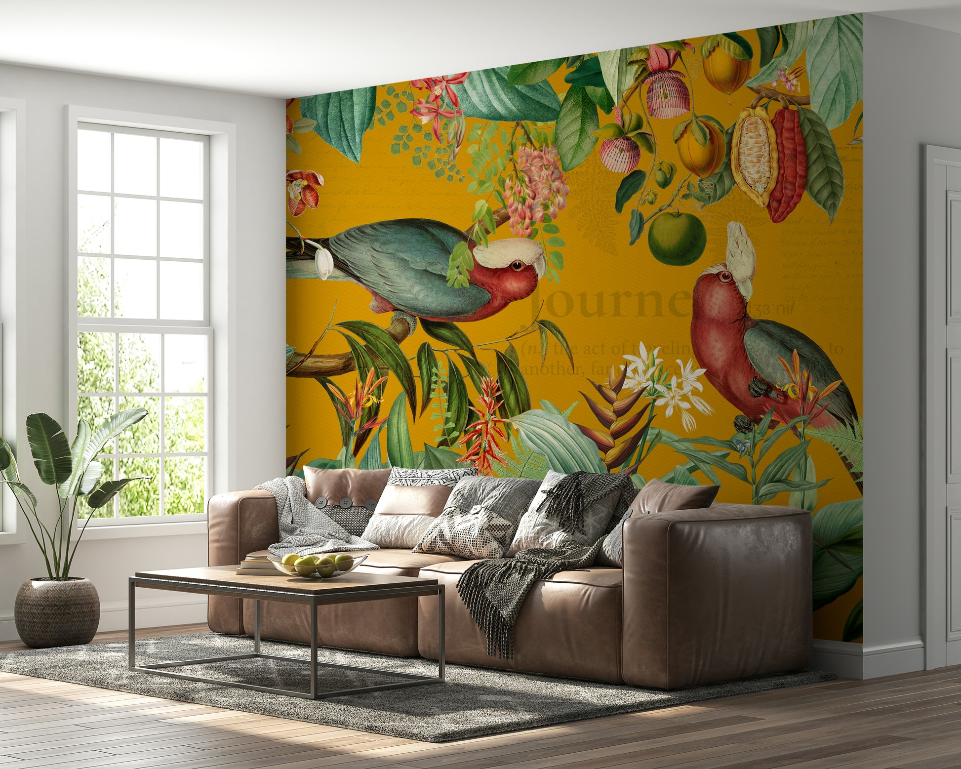 Vintage-style tropical mural with rich greenery and natural details

