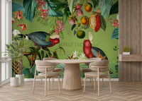 Tropical wall mural with vintage wildlife and lush jungle scenery

