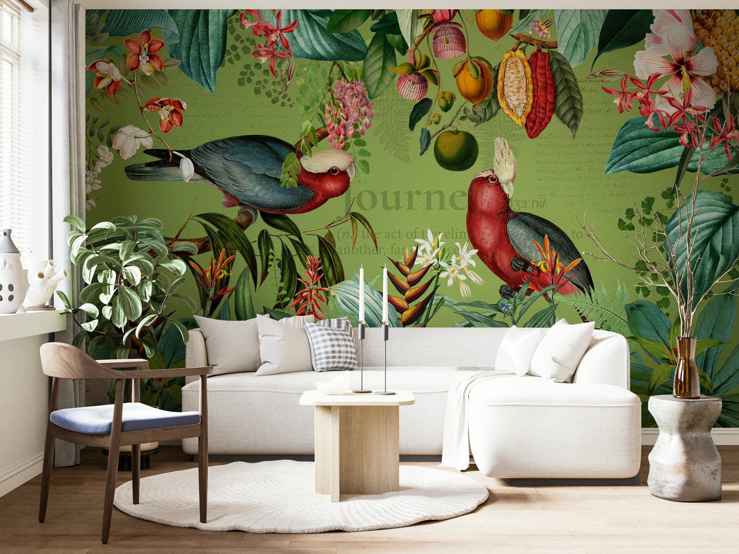 Vintage wildlife journey mural with tropical plants and animals

