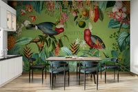 Exotic wildlife mural with vintage tropical design elements


