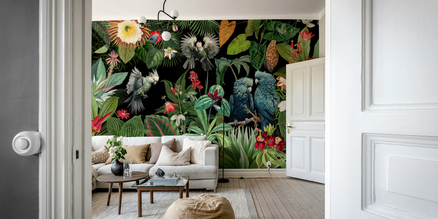 Tropical Paradise mural with vintage elements and vibrant colors

