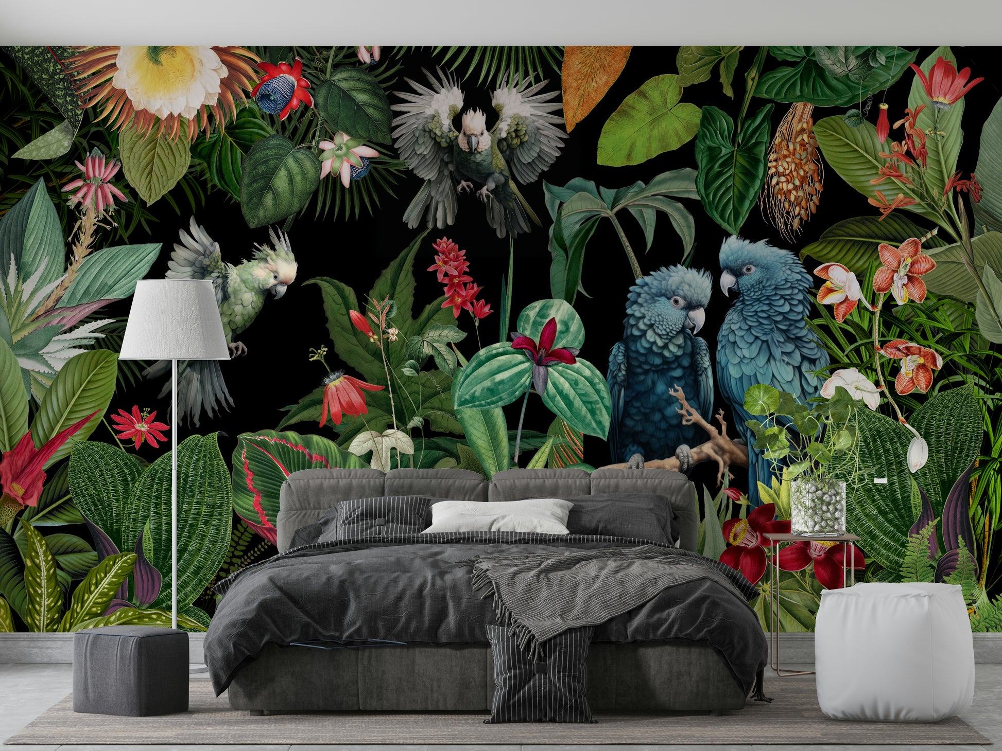 Vintage collage wall mural featuring exotic flowers and tropical plants


