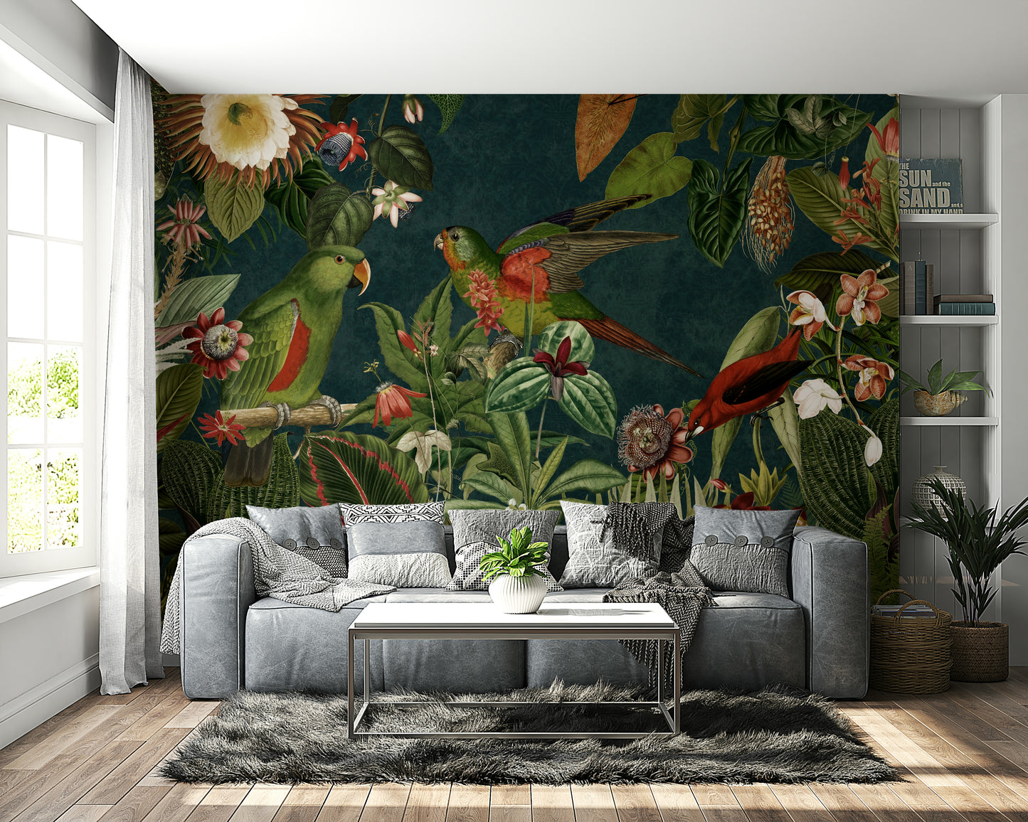Nature-inspired mural with vibrant blooms and vintage charm

