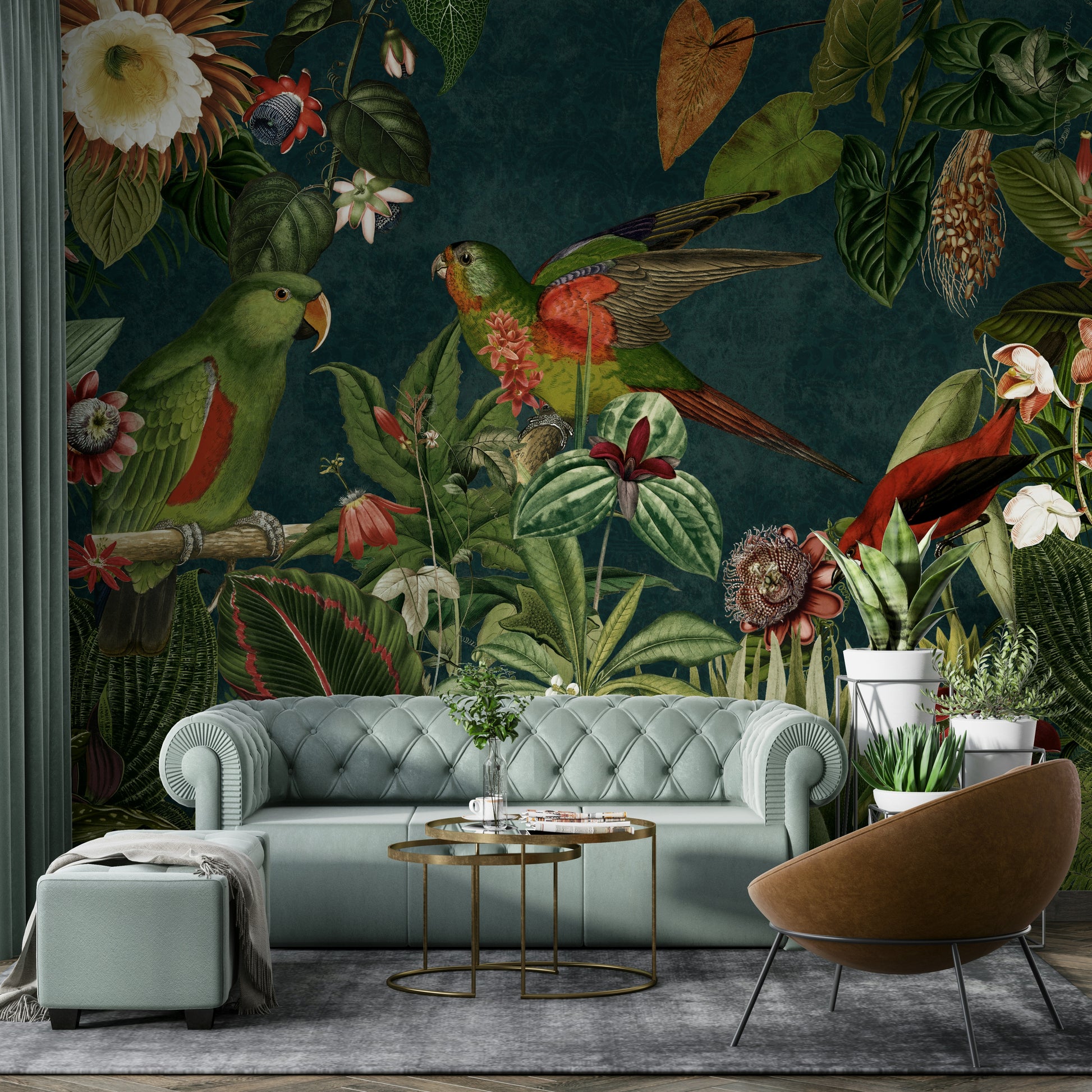 Vintage-inspired mural featuring vibrant tropical flowers and plants

