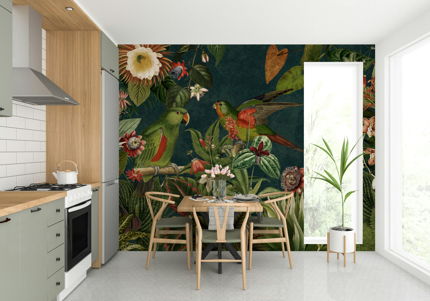 Secret garden mural with lush tropical flowers and leaves

