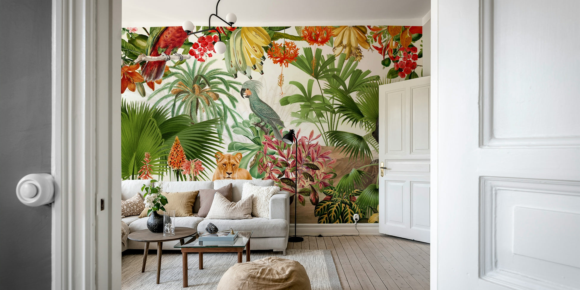 Vintage-inspired wall mural with botanical flowers and leaves

