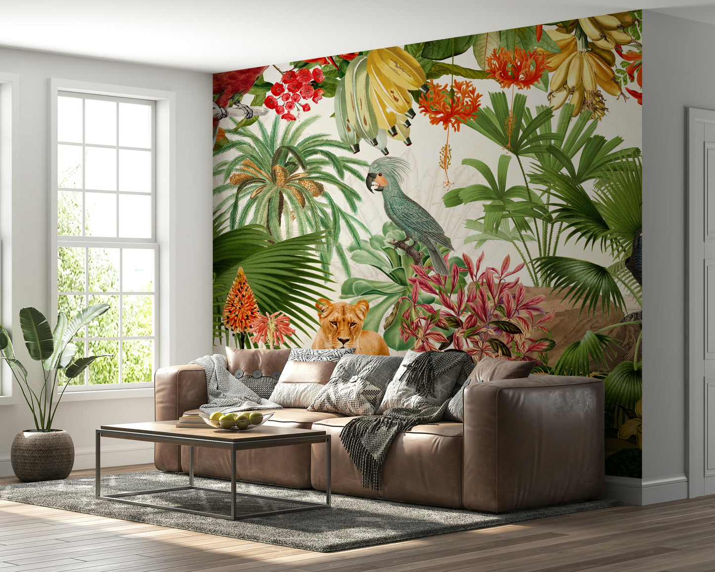 Vintage botanical mural with delicate flowers and greenery

