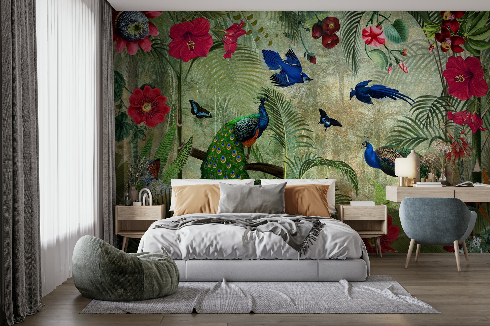 Tropical Vintage Peacock Paradise wall mural with lush greenery

