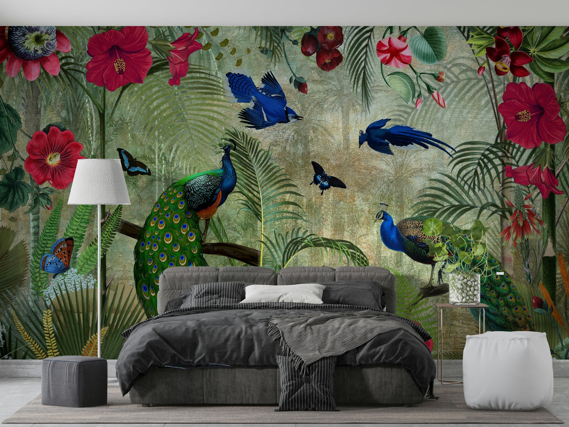 Wallpaper for walls featuring colorful peacock and flower details

