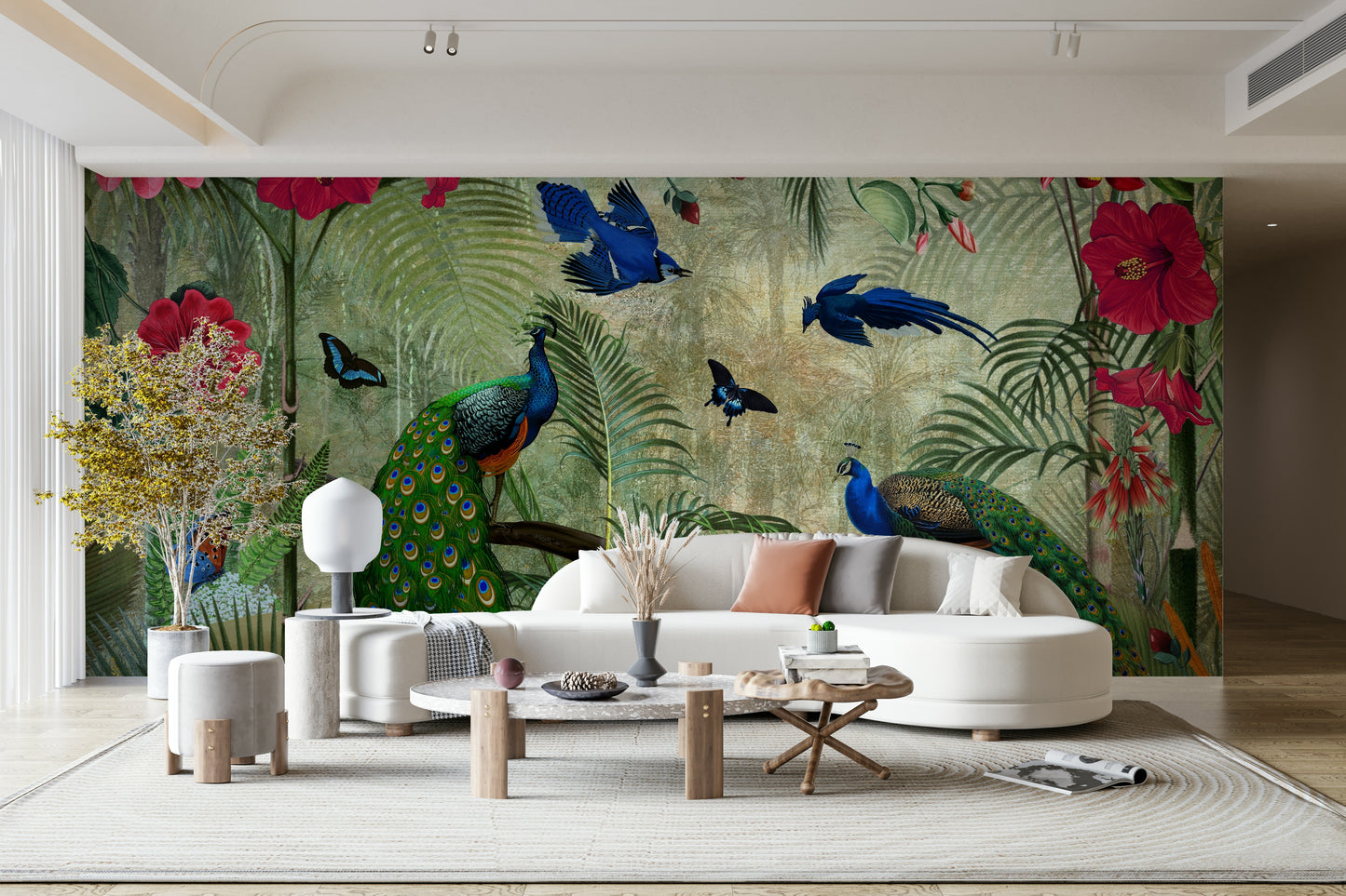 Vintage peacock mural with a nature-filled tropical scene


