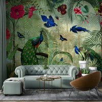 Vintage-inspired wallpaper mural featuring peacocks and plants

