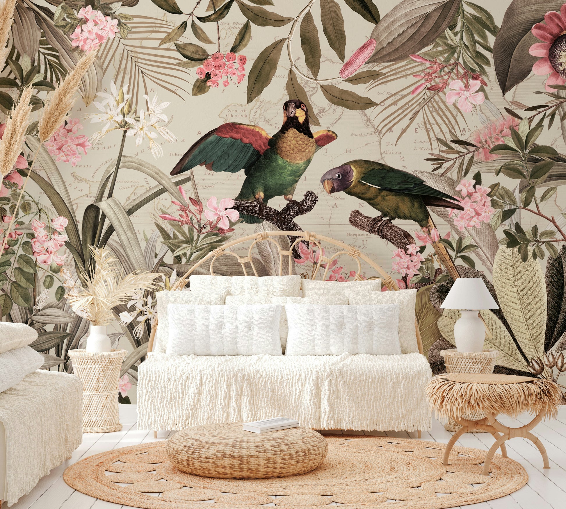 Vintage Voyage in Tropical Rainforest mural with lush foliage


