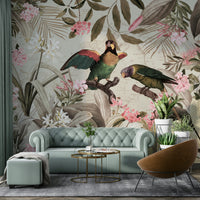Vintage wallpaper mural showcasing vibrant rainforest foliage

