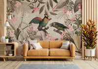 Wall mural featuring a vibrant, nature-filled rainforest scene

