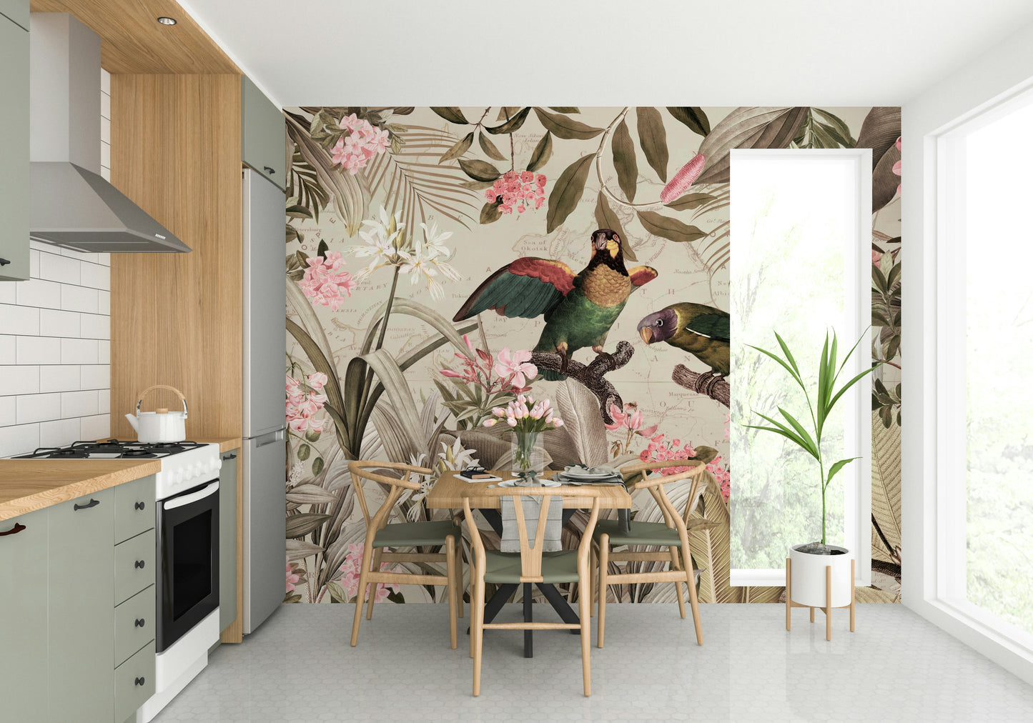Tropical rainforest wall mural with vibrant plants and wildlife

