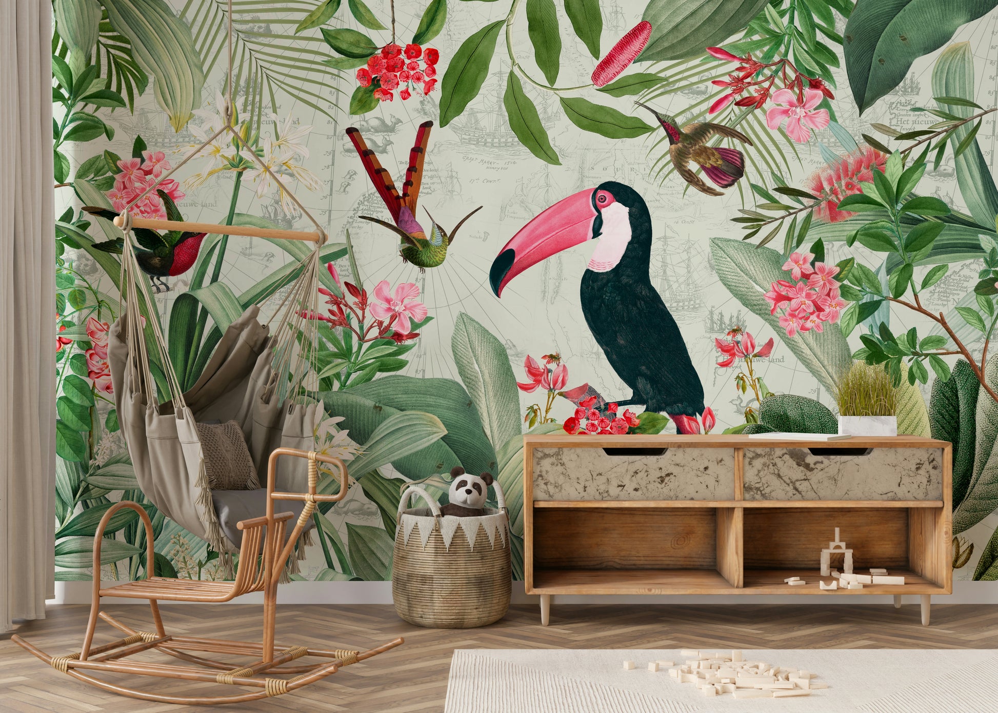 Vintage-inspired jungle mural featuring vibrant tropical foliage


