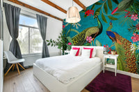 Luxury peacock wall mural with gold and green accents

