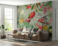 Soft, muted colors in garden mural for relaxing rooms

