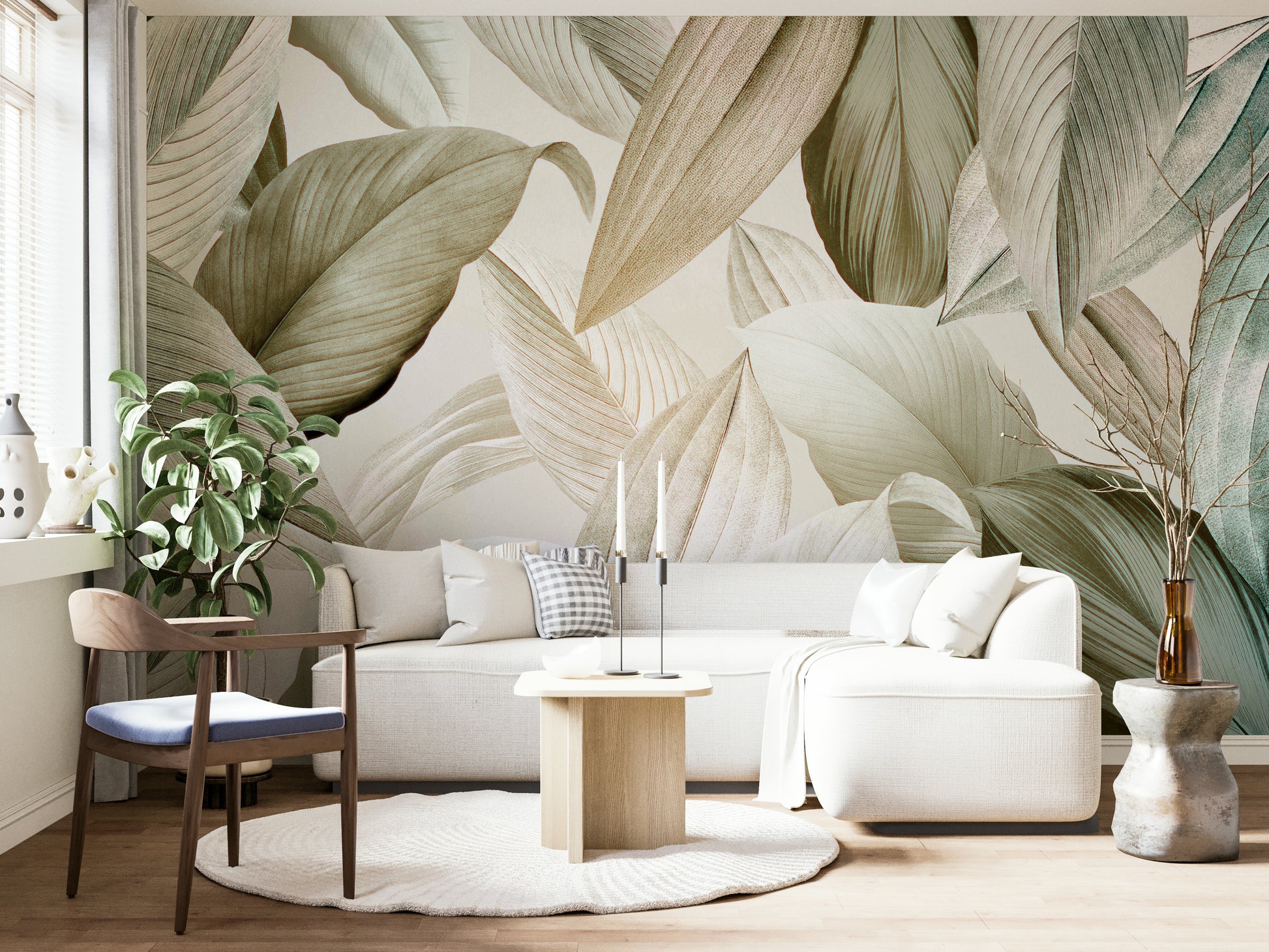 Subtle green leaves wall mural for living rooms

