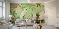 Floral wallpaper with roses and cockatoos

