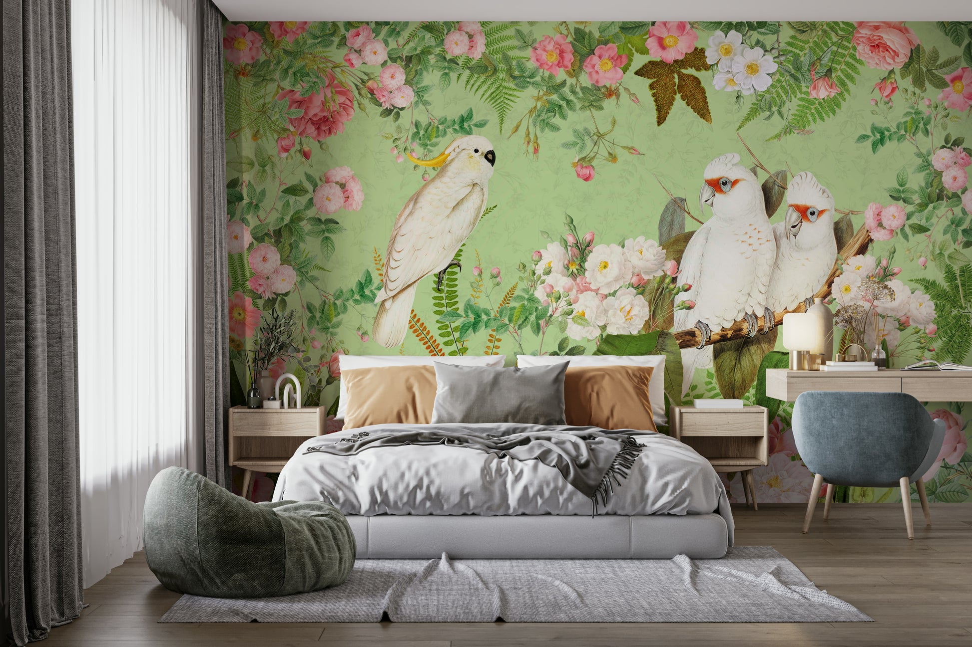 Soft floral wallpaper with white birds

