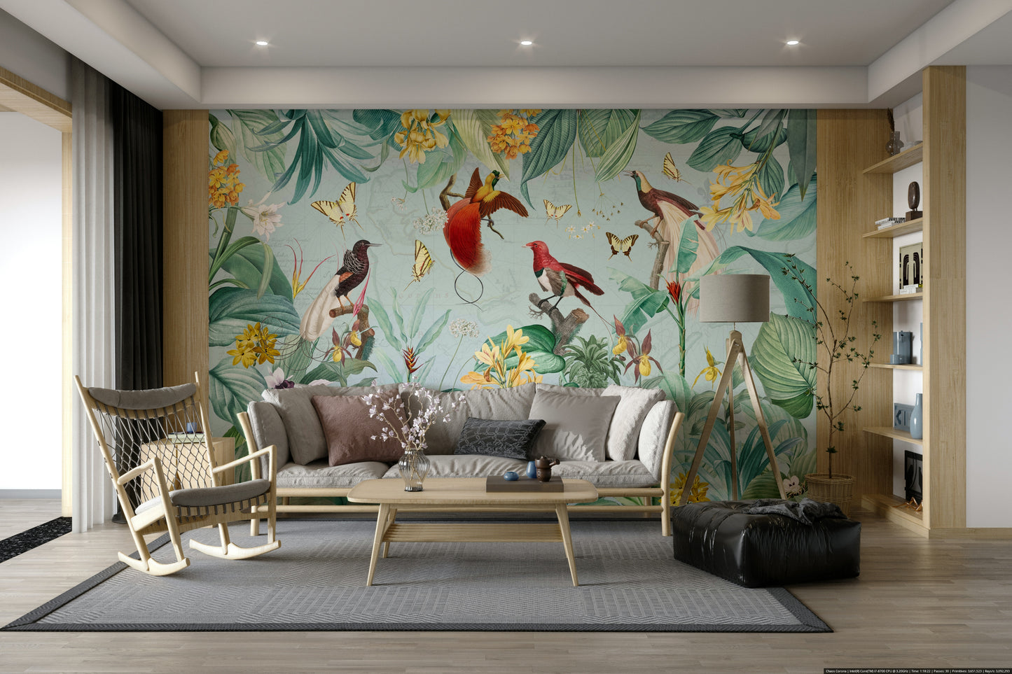 Colorful mural wallpaper with exotic birds

