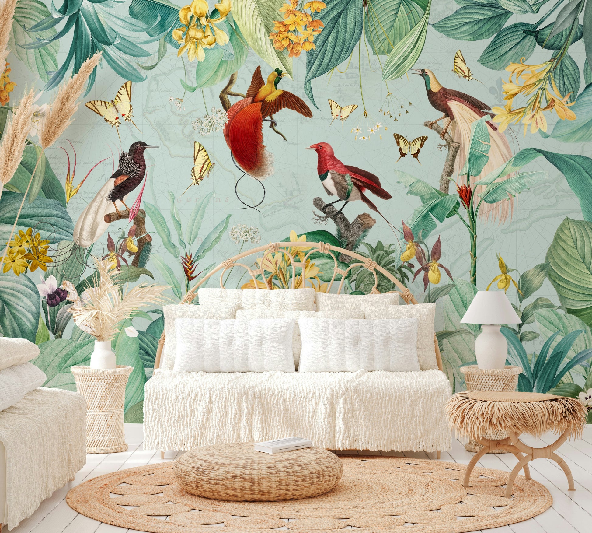 Exotic bird and foliage mural

