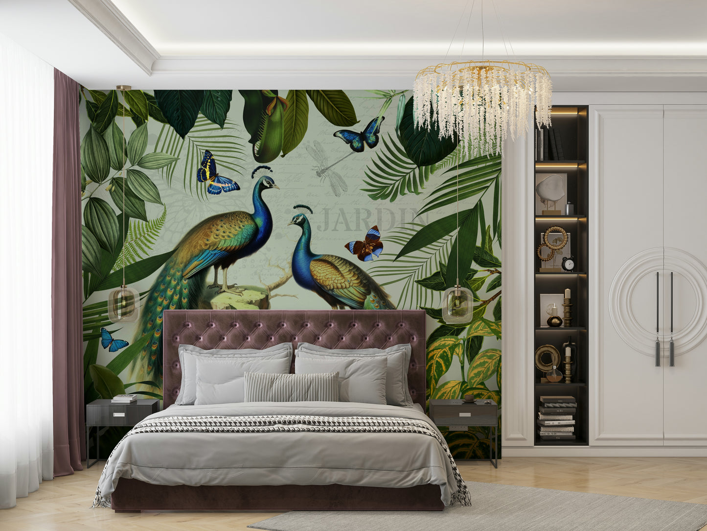 Floral wallpaper with peacock motifs

