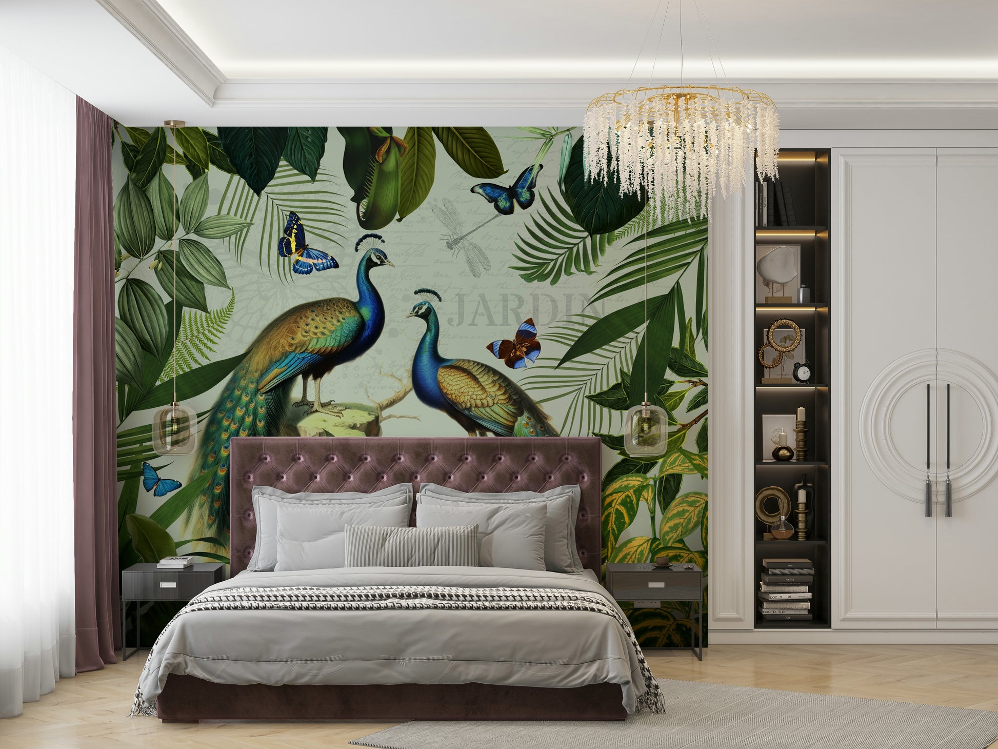 Floral wallpaper with peacock motifs

