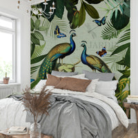 Hand-painted peacock and foliage mural

