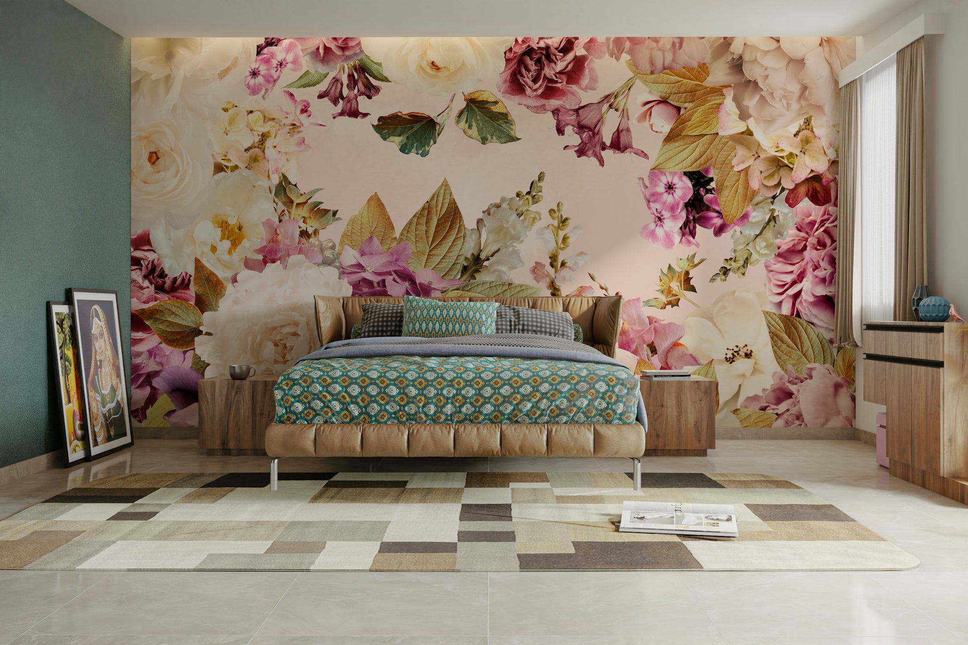 Hand-painted floral mural wallpaper

