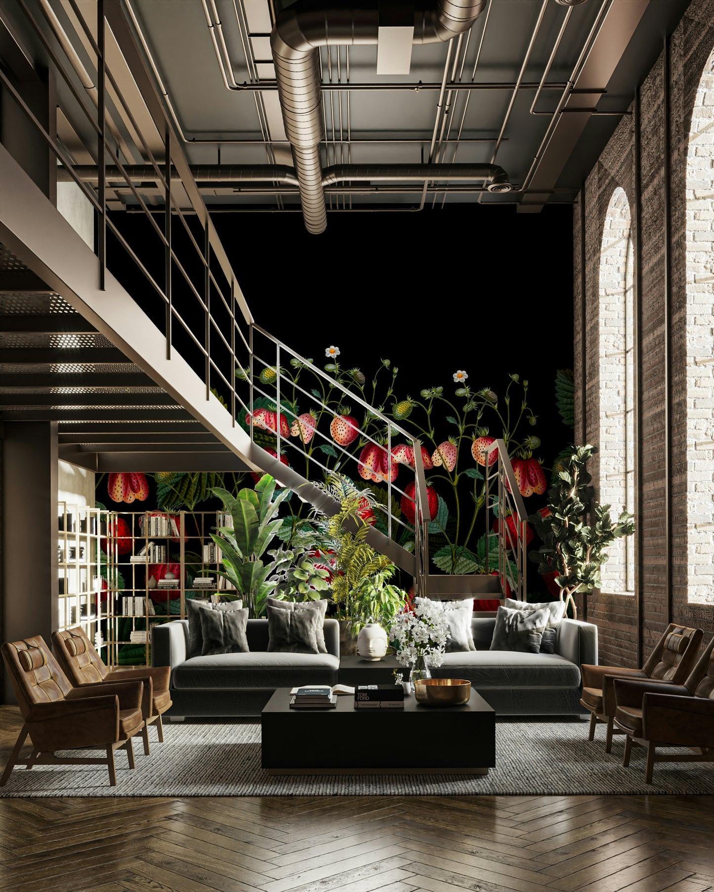 Dark floral wallpaper with strawberries

