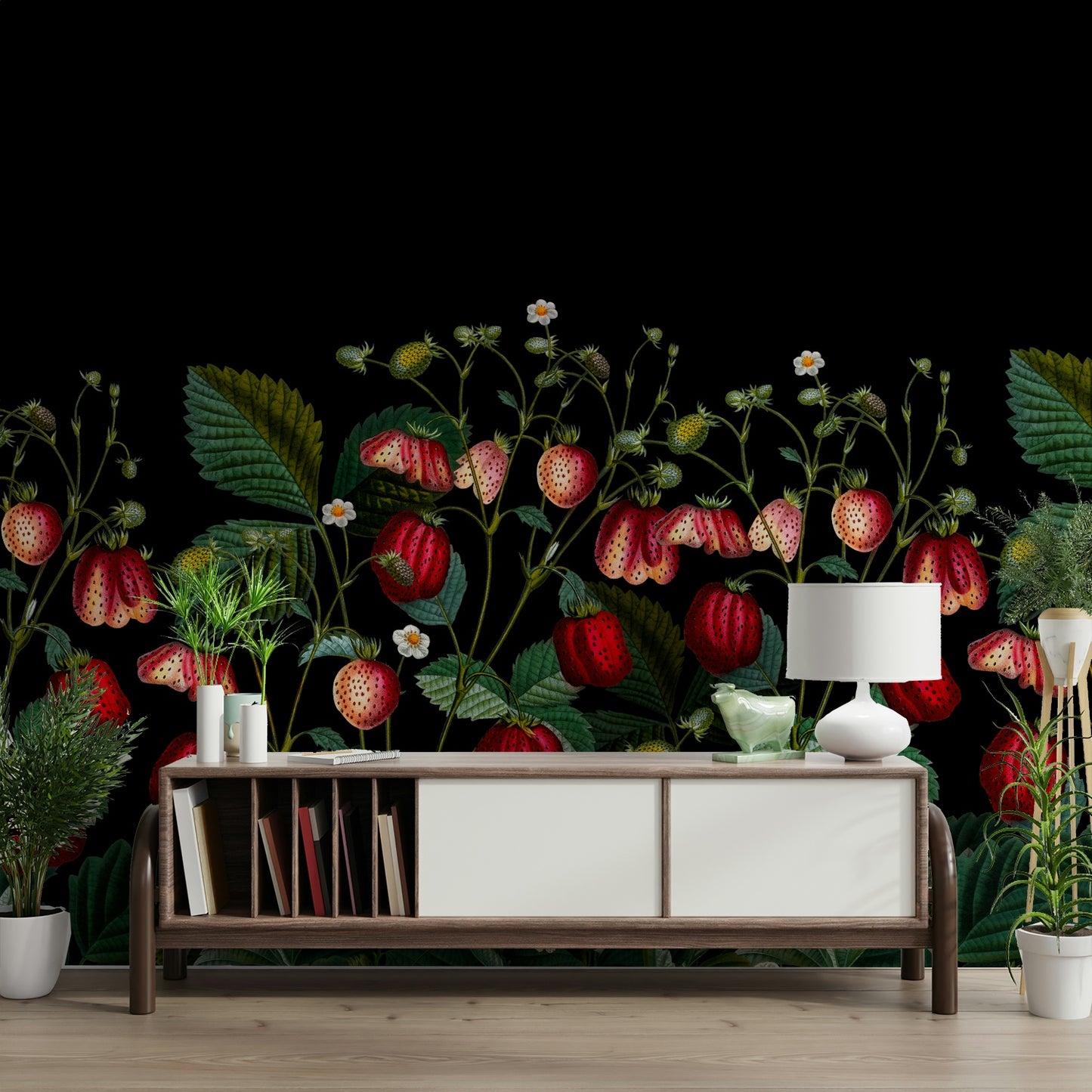 Garden wallpaper with dark tones and fruit

