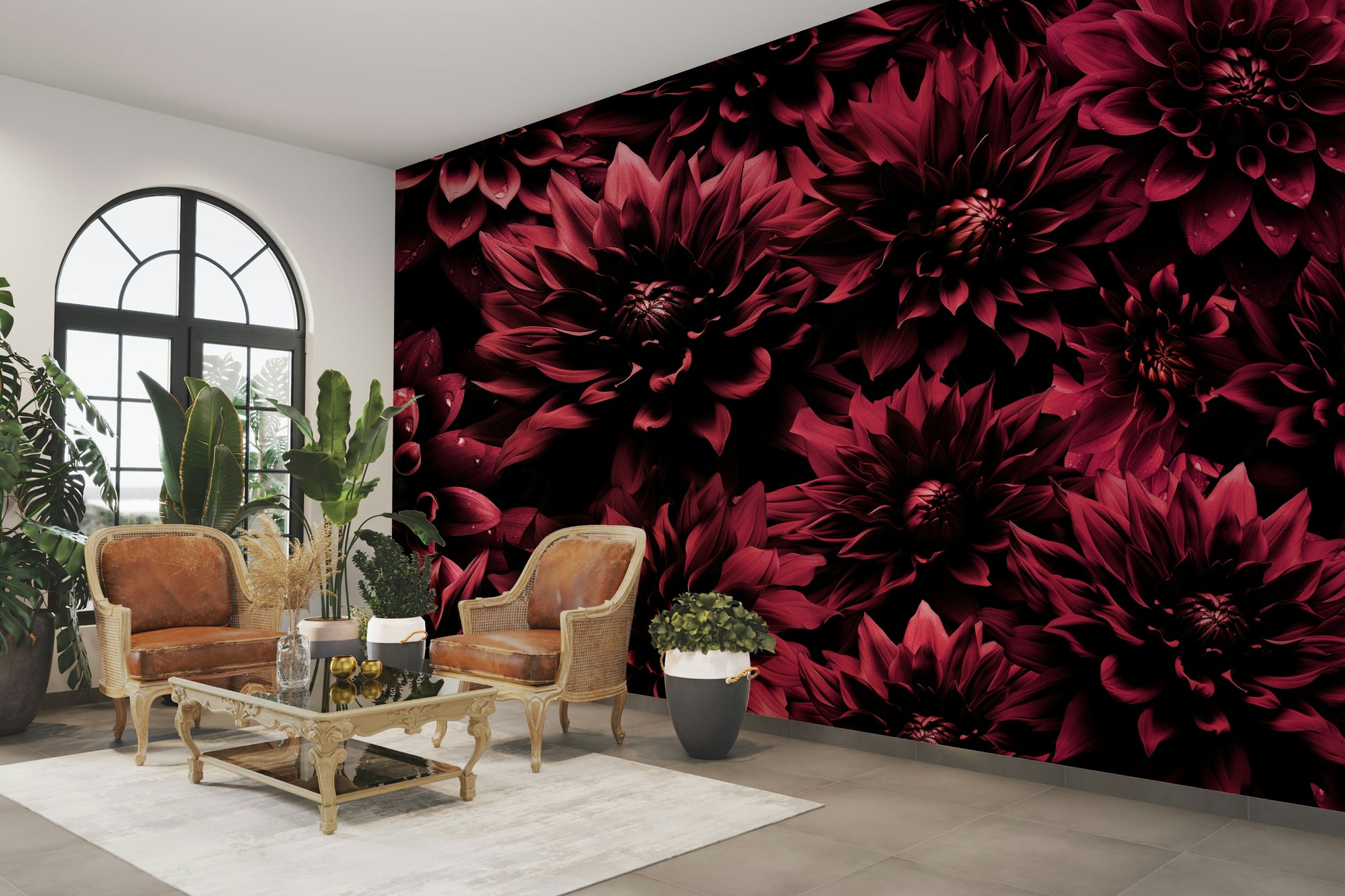 Rich burgundy flower wallpaper for interiors

